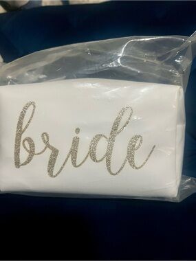Bride White Cosmetic Bag with Gold Glitter Script